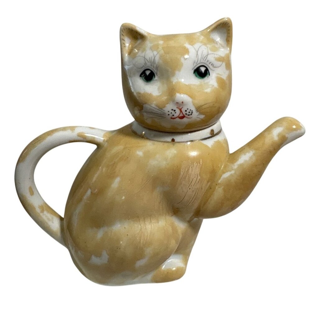 Vintage Lucky Cat Shaped Teapot Pitcher Porcelain Hand Painted Maneki Neko 5"